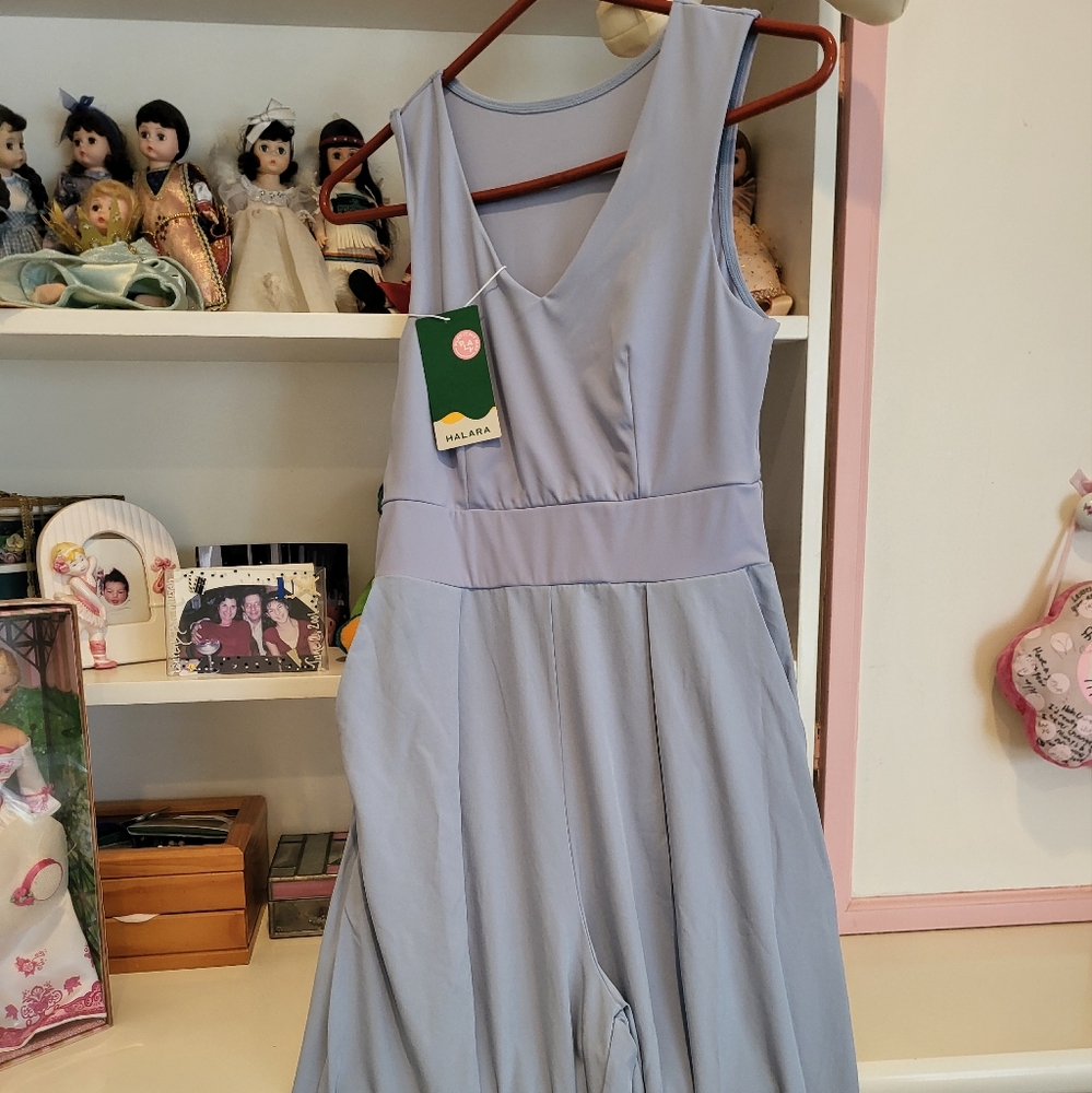 Chic Blue V-Neck Wide Leg Jumpsuit Size XS